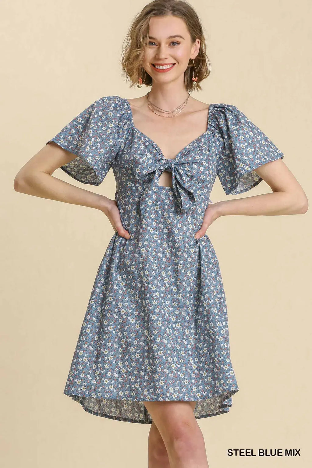 Umgee- Floral Print Front Tie Short Sleeve Dress and Smocked Cut Out Back