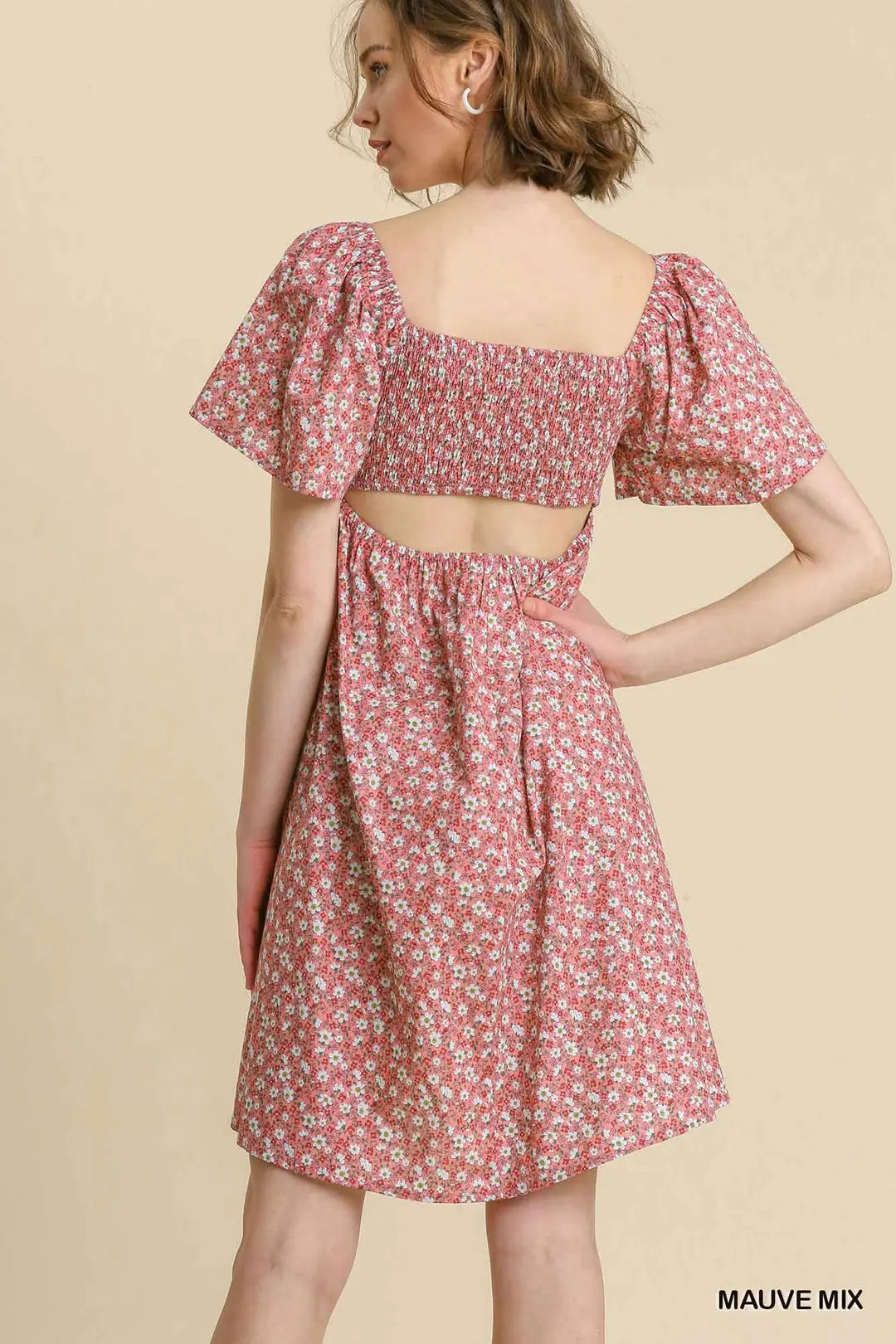 Umgee- Floral Print Front Tie Short Sleeve Dress and Smocked Cut Out Back