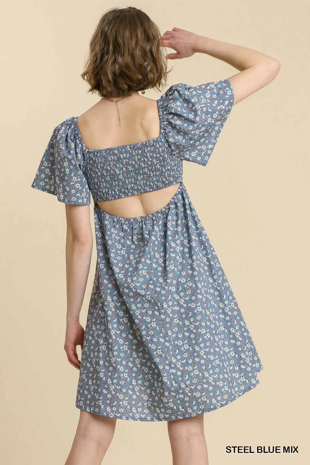 Umgee- Floral Print Front Tie Short Sleeve Dress and Smocked Cut Out Back