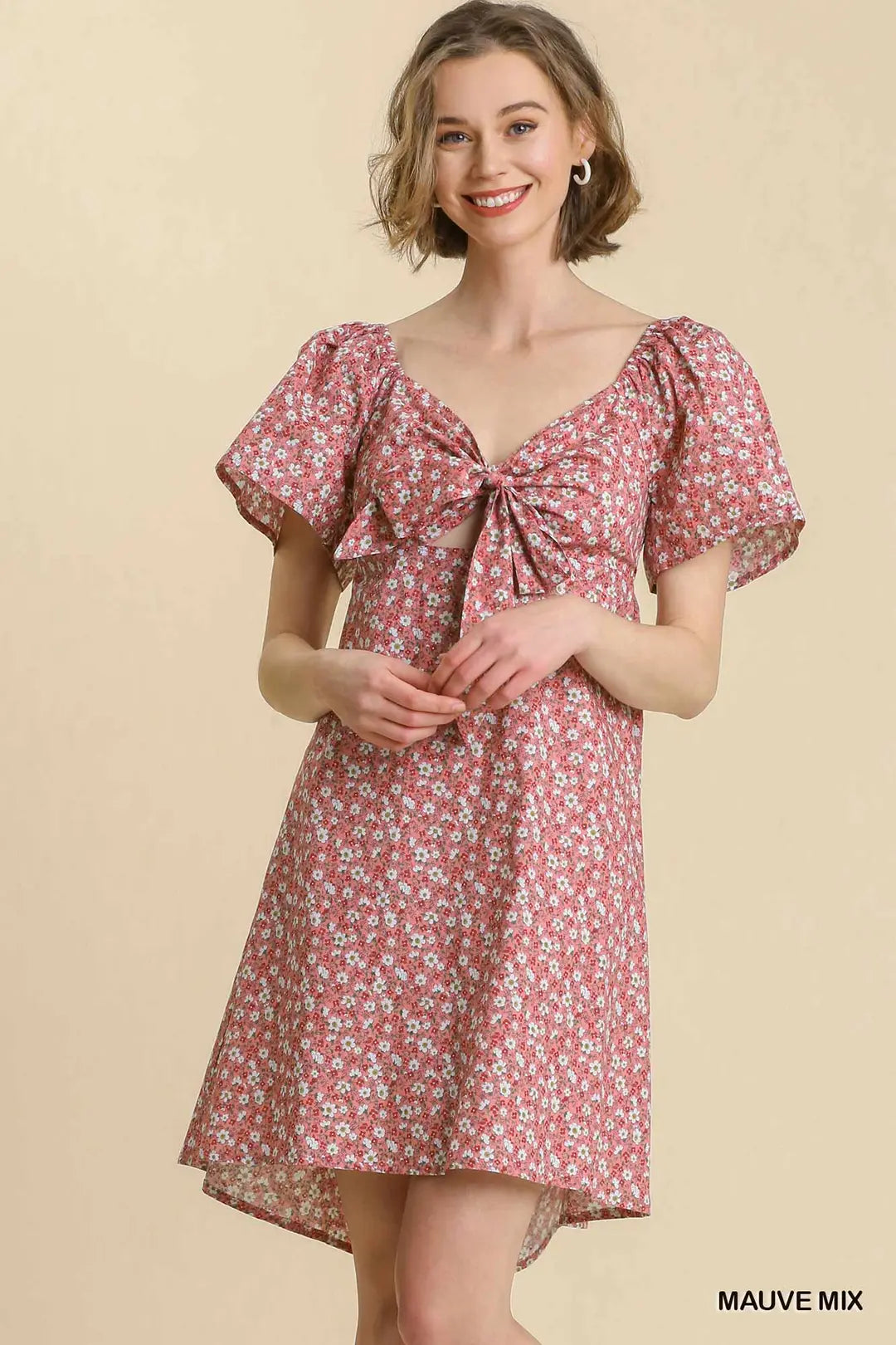 Umgee- Floral Print Front Tie Short Sleeve Dress and Smocked Cut Out Back