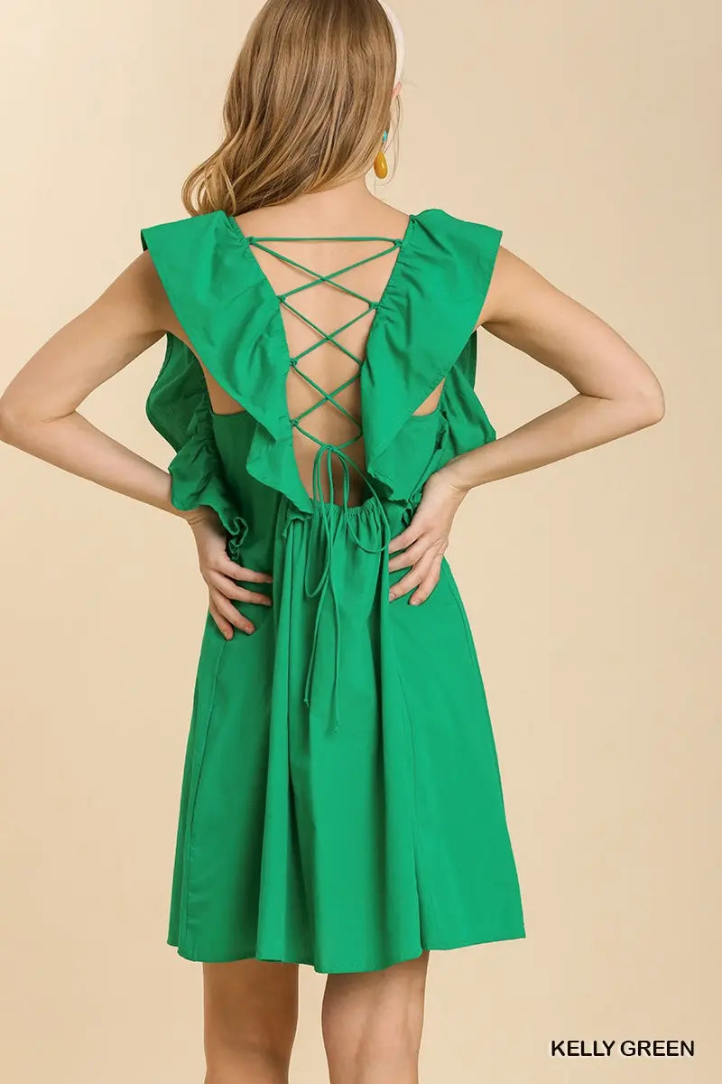 Umgee -V-Neck Poplin Sleeveless Back Crossover Strap Dress