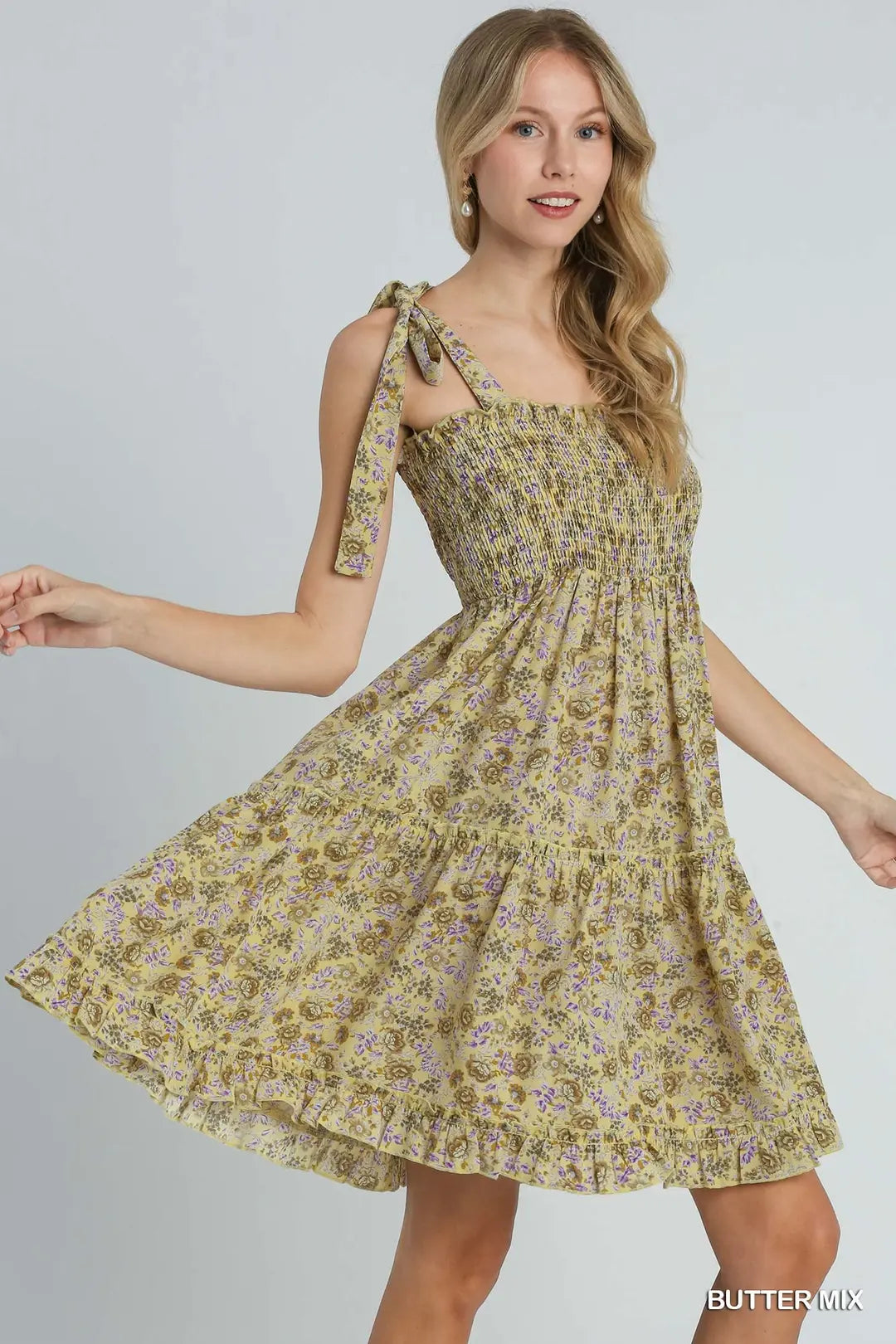 Umgee- Floral Print A-Line Smocked Tie Strap Ruffle Tiered Dress