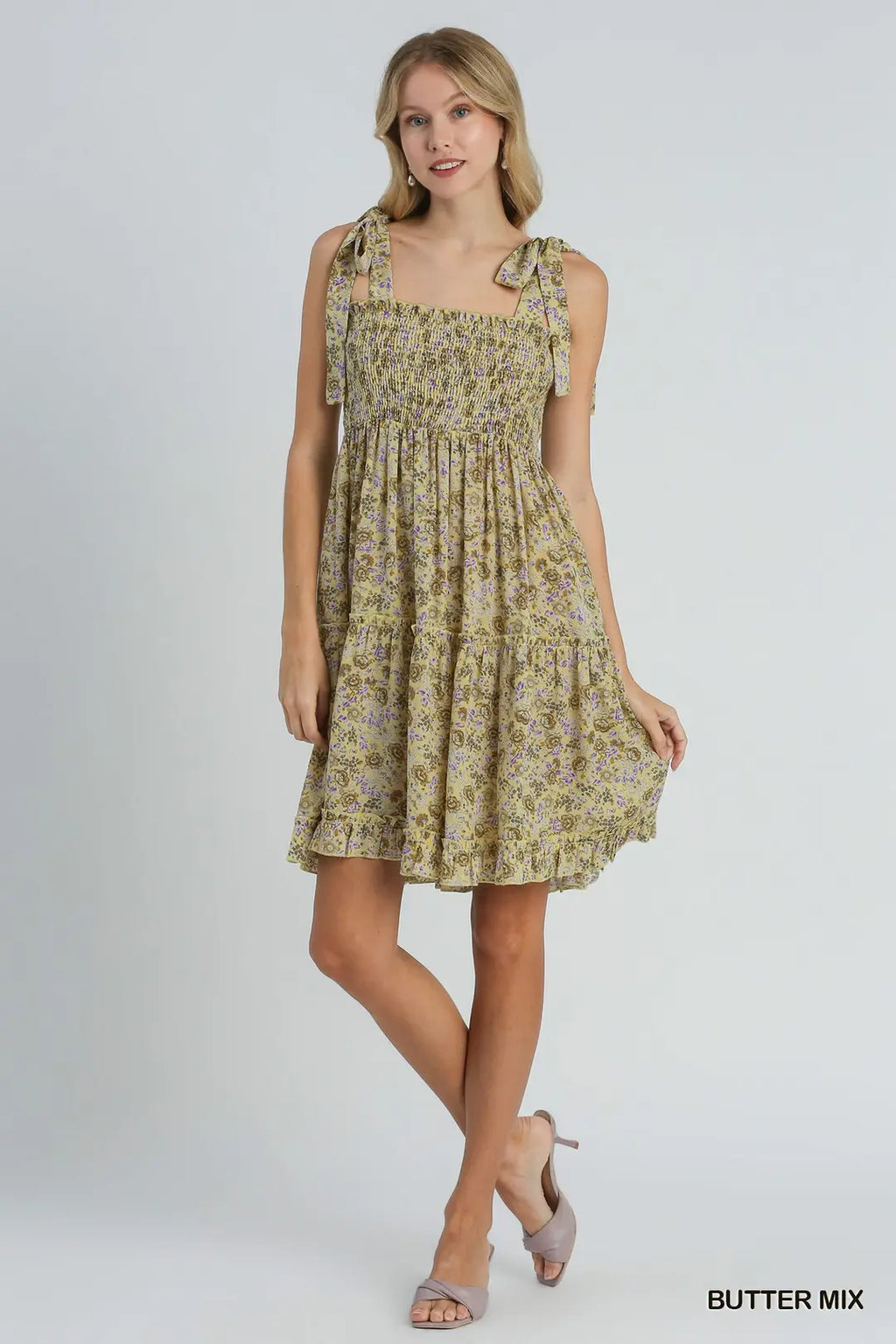 Umgee- Floral Print A-Line Smocked Tie Strap Ruffle Tiered Dress