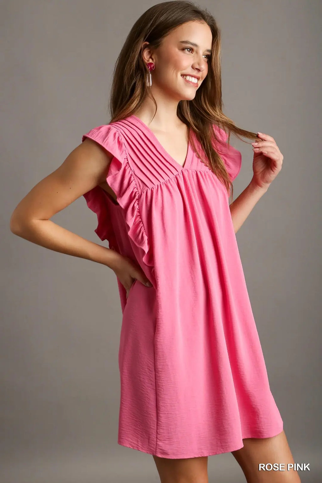 Umgee-  V-Neck Shift Dress with Ruffle Sleeves and Pleat Detai