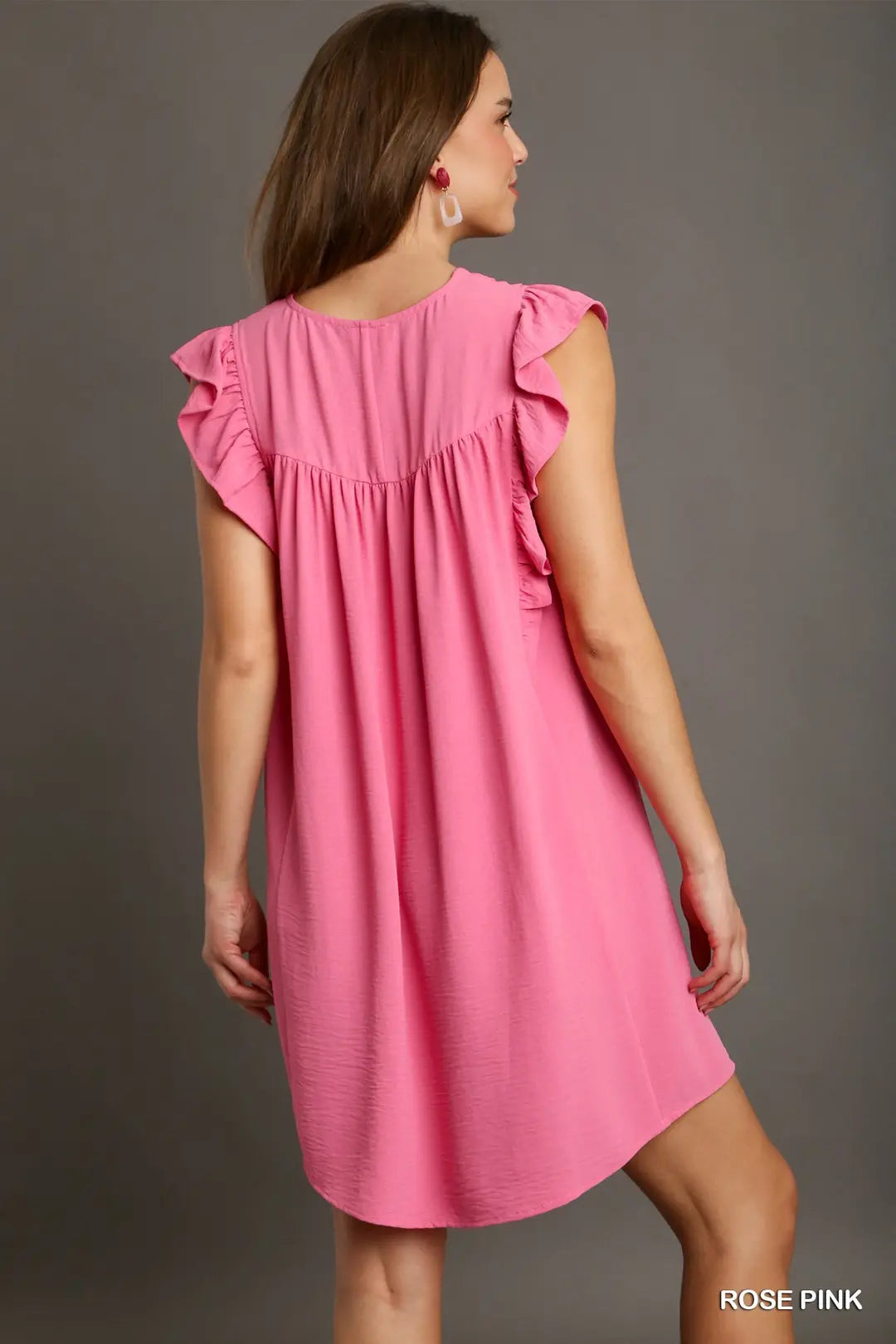 Umgee-  V-Neck Shift Dress with Ruffle Sleeves and Pleat Detai