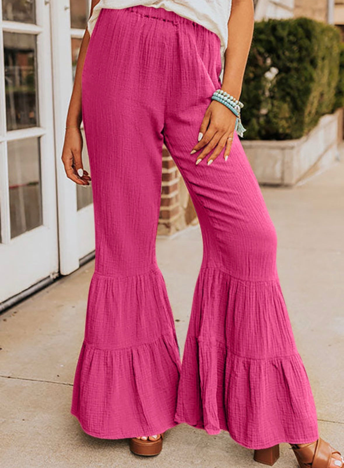 Rose Textured High Waist Ruffled Bell Bottom Pants