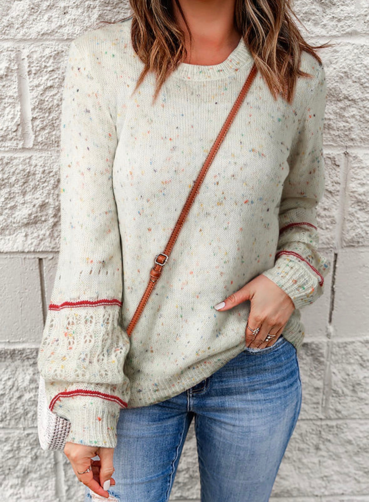 White Pilling Detail Patterned Sleeve Sweater