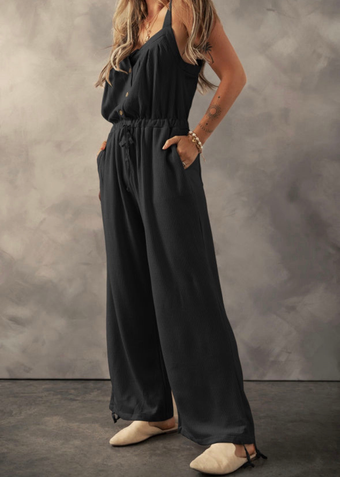 Black Knotted Straps Button Textured Drawstring Jumpsuit