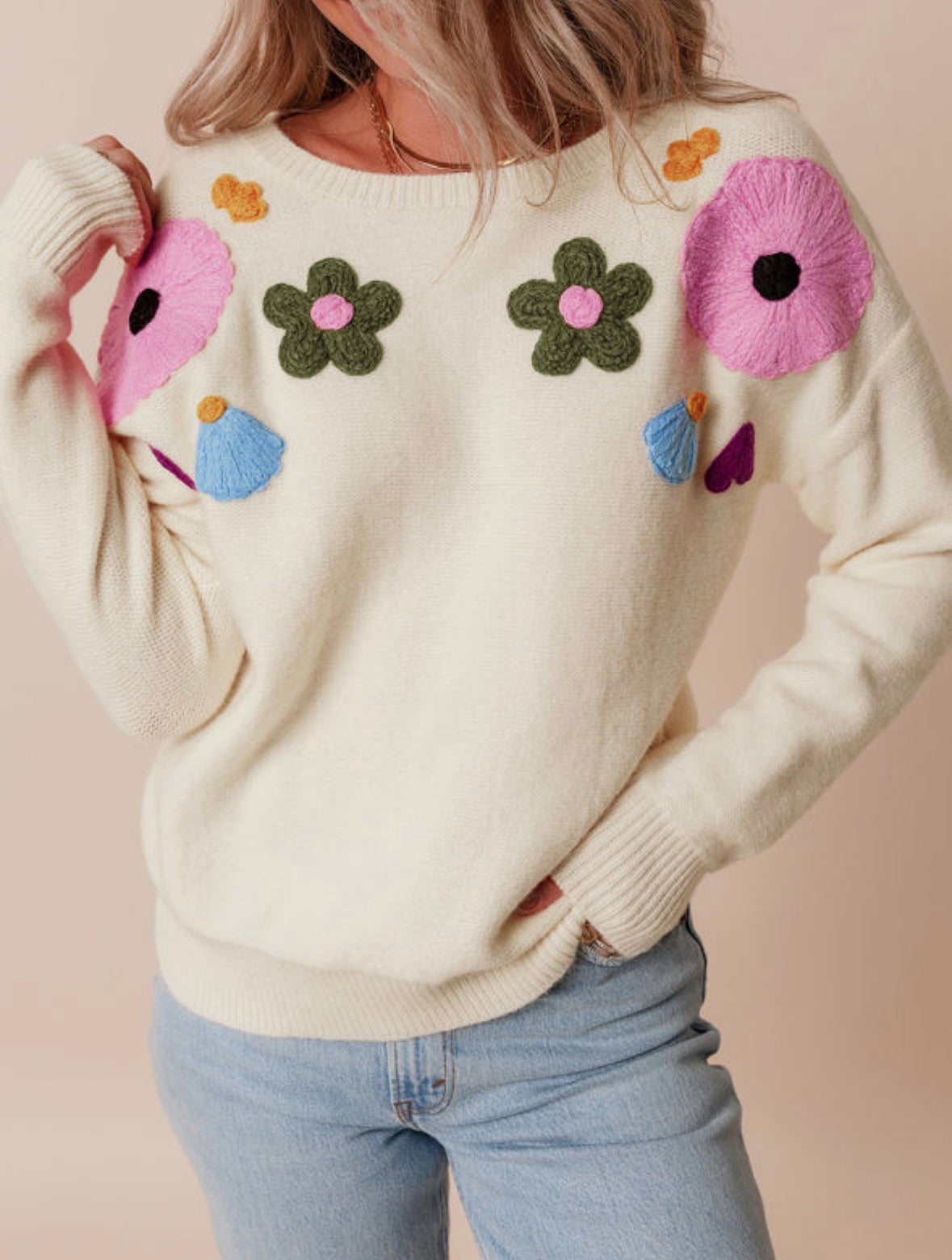 Beige Knitted Flower Pattern Ribbed Edge Sweater