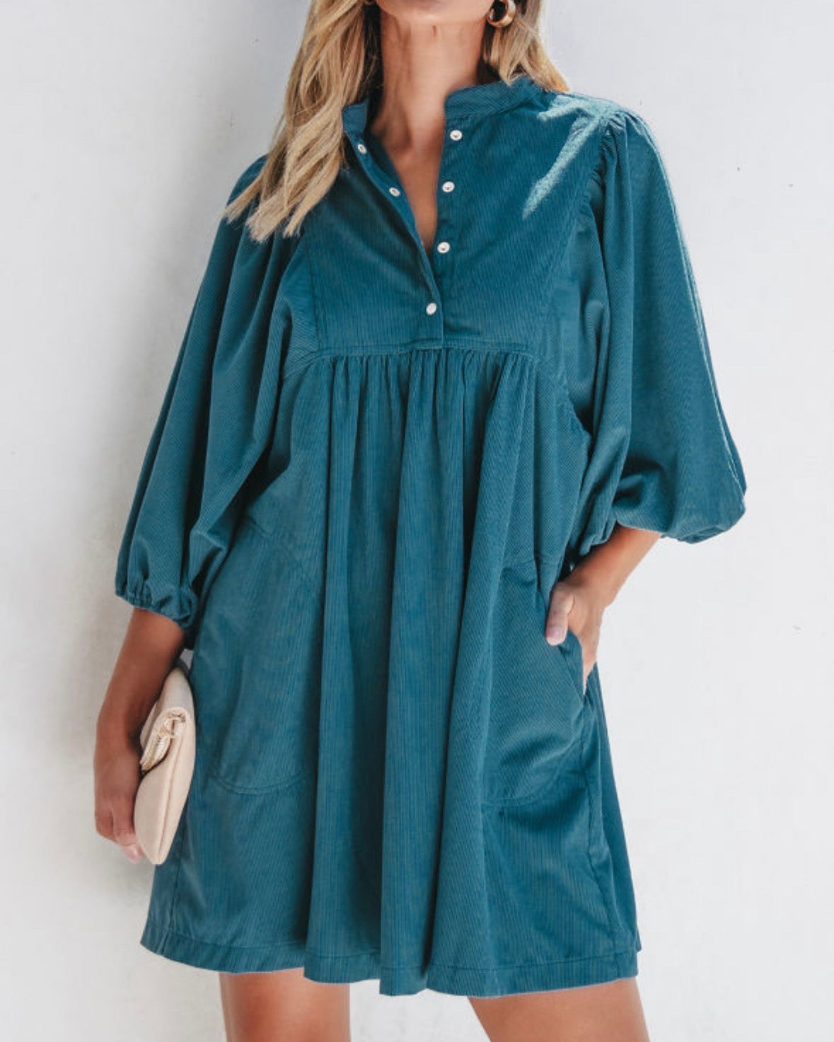 Blue Corduroy Snap Buttons Empire Waist Bracelet Sleeve Dress