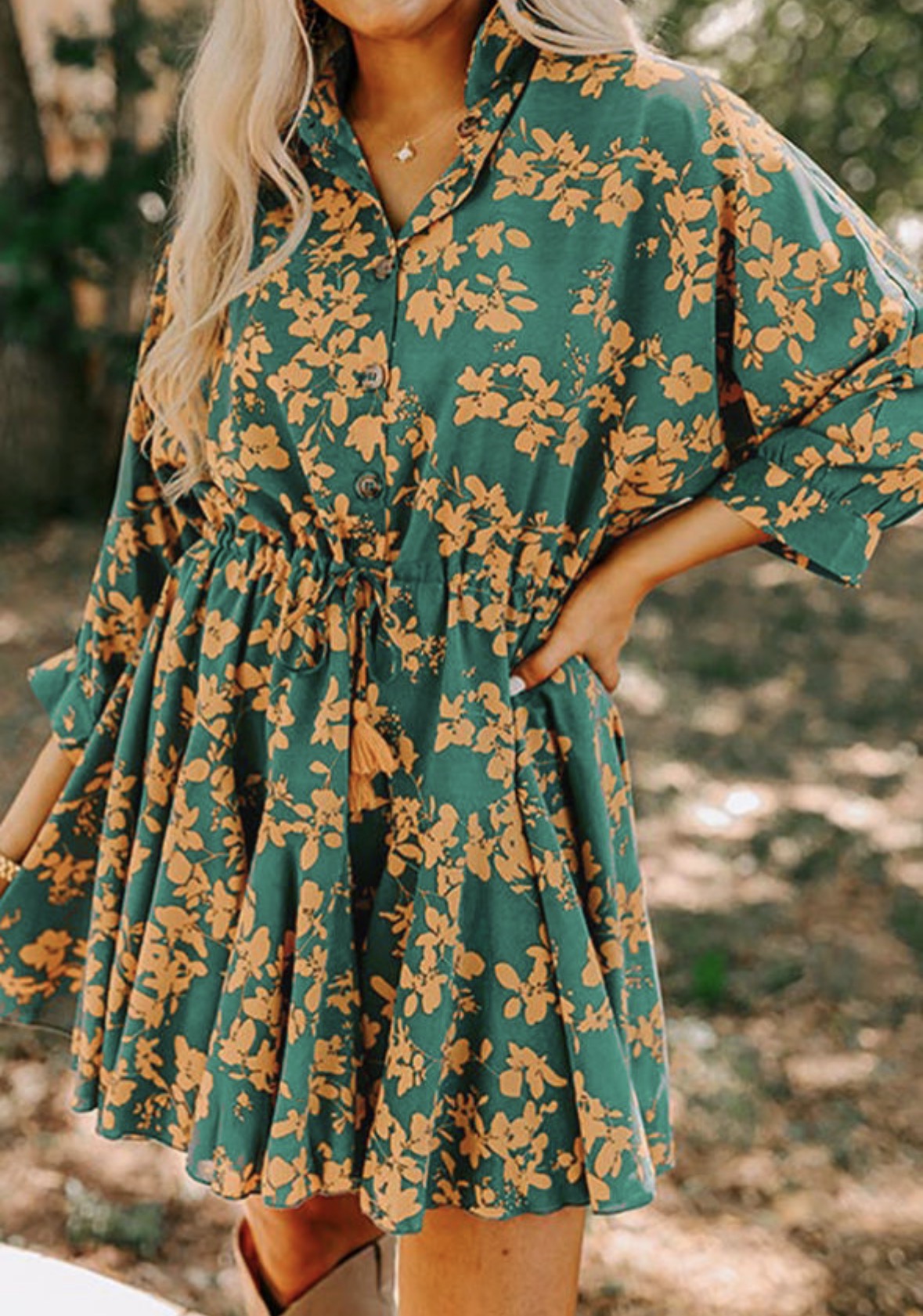 Green Floral Print Drawstring Tunic Flowy Short Dress