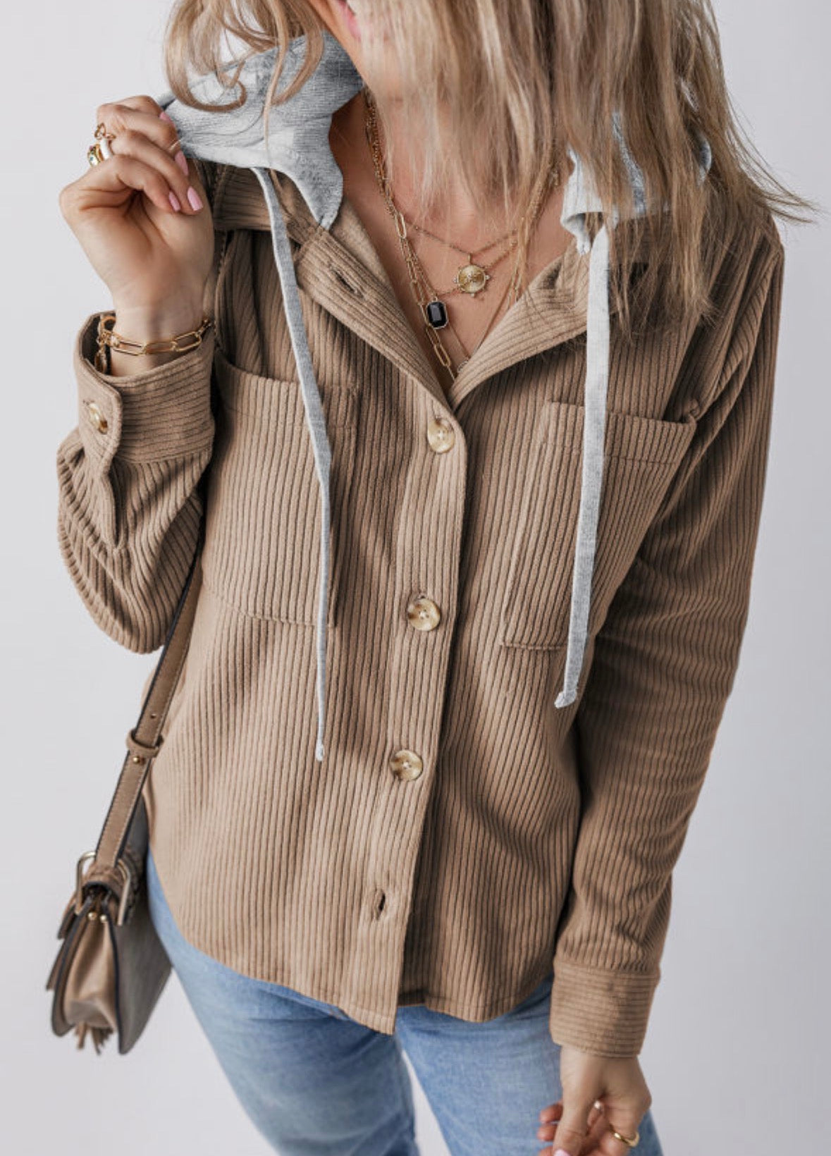 Pale Khaki Hooded Drawstring Pockets Corduroy Shacket