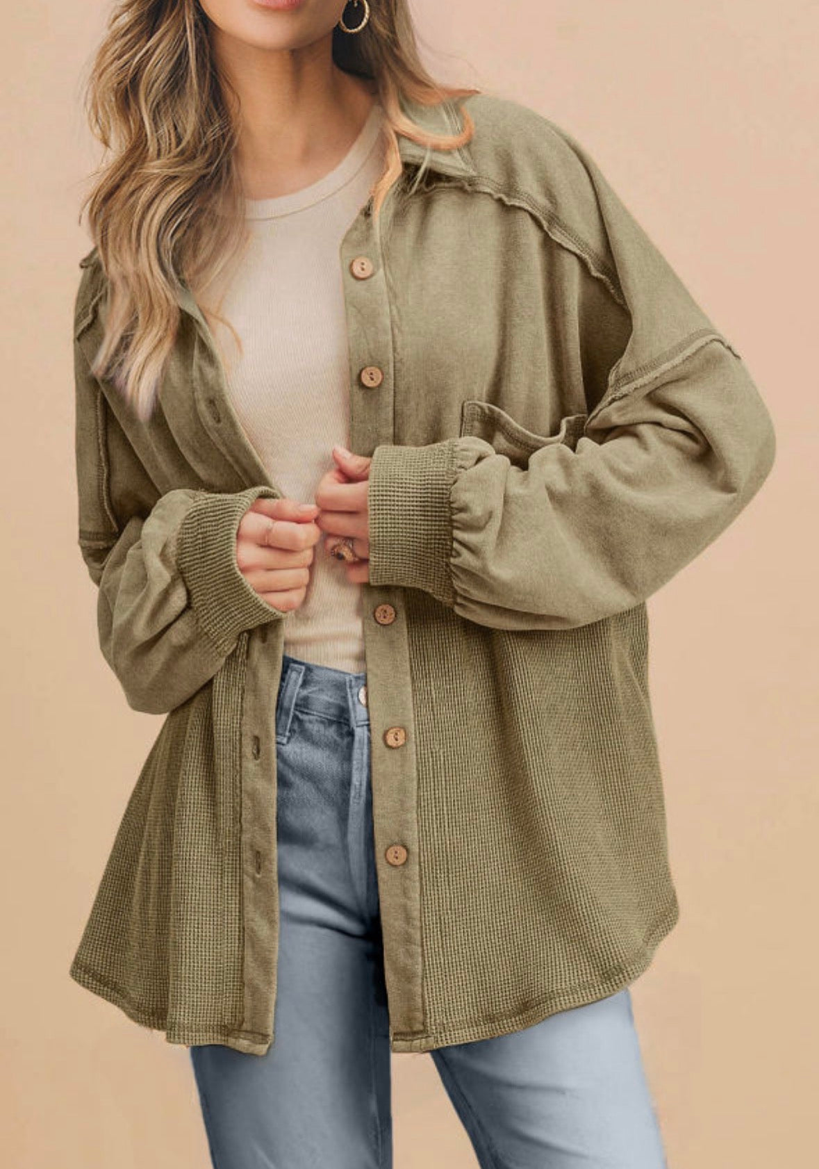 Moss Green Waffle Knit Patchwork Buttoned Oversized Shacket