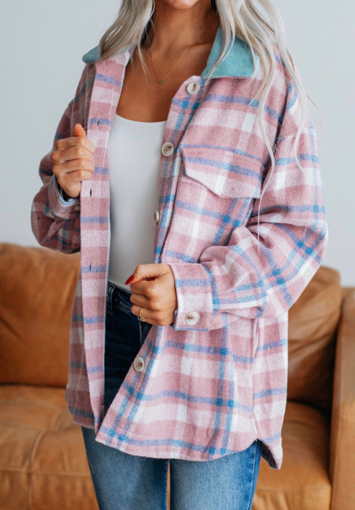 Pink Plaid Print Color Block Collared Flap Pockets Loose Shacket