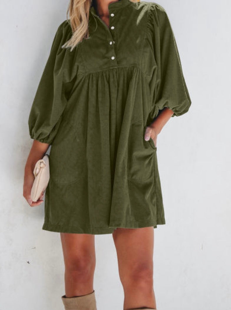 Vineyard Green Corduroy Snap Buttons Empire Waist Bracelet Sleeve Dress