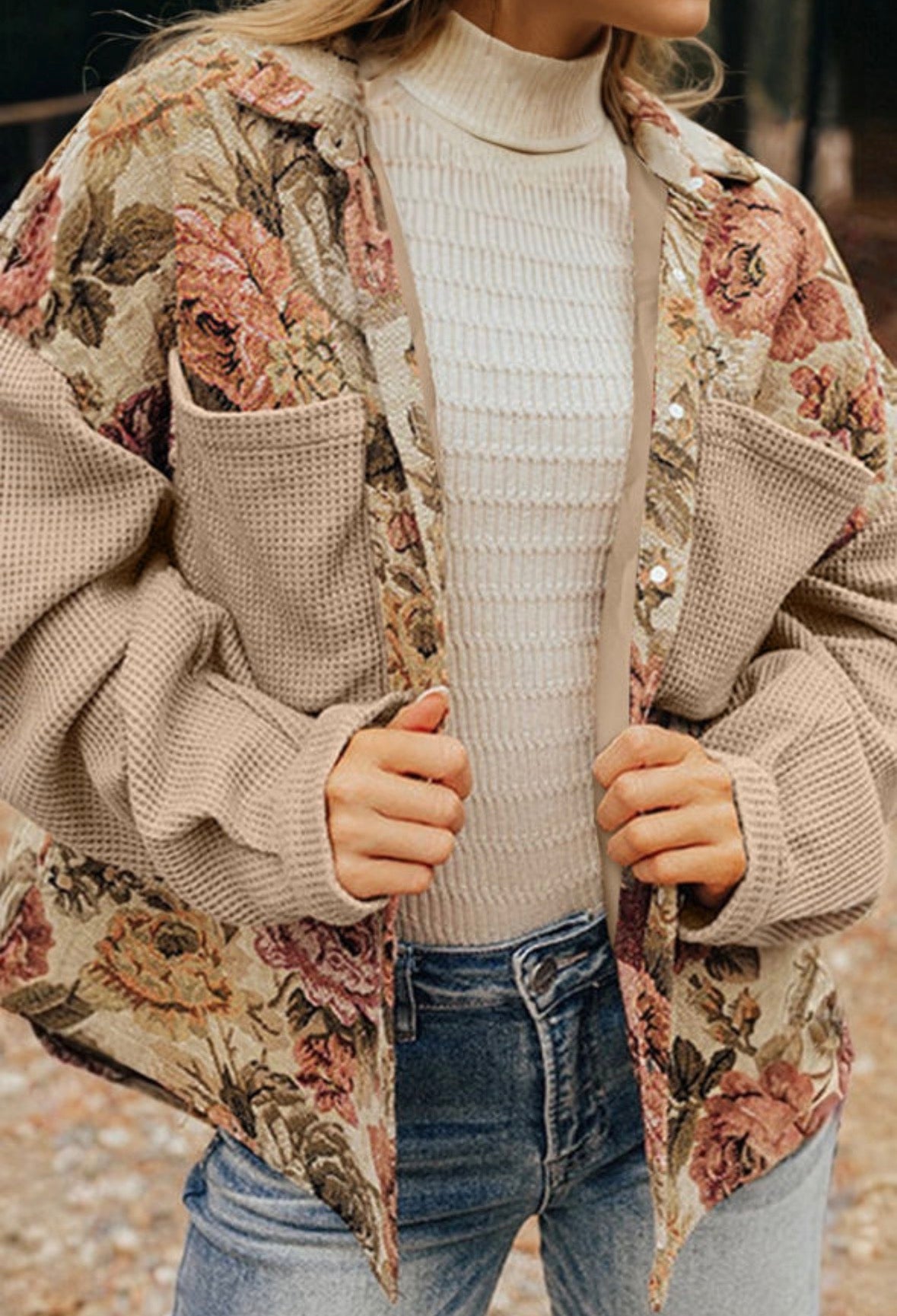 Khaki Floral Waffle Knit Patchwork Chest Pockets Buttoned Jacket