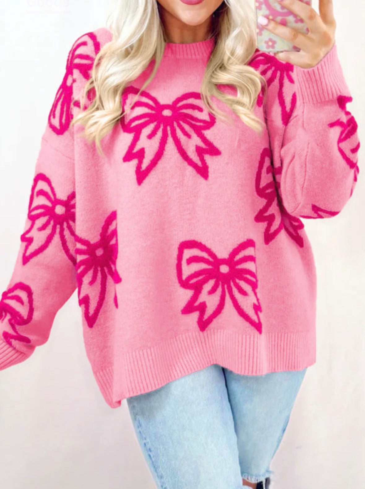 Pink Bow Pattern Drop Shoulder Loose Sweater