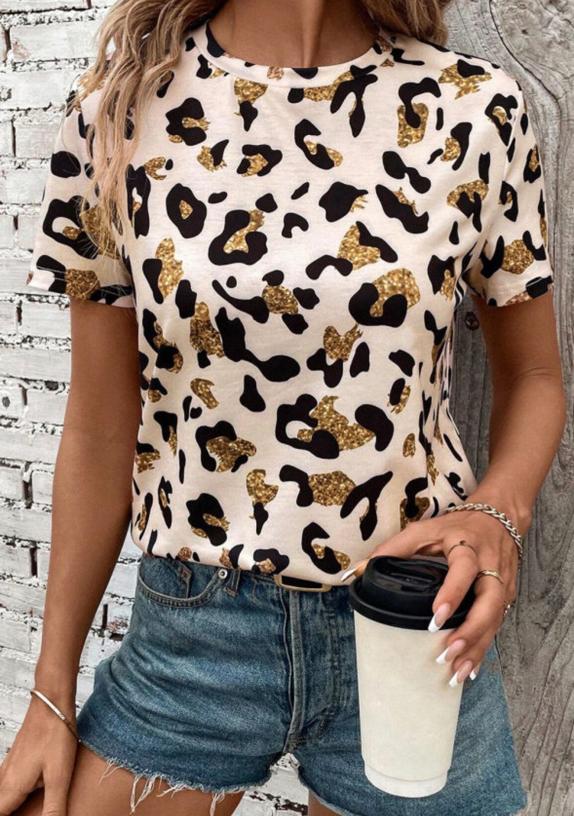 Apricot Leopard Print Round Neck Casual T Shirt