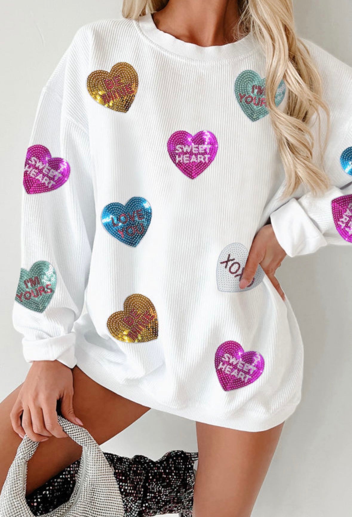 White Valentines Slogan Heart Sequin Corded Baggy Sweatshirt