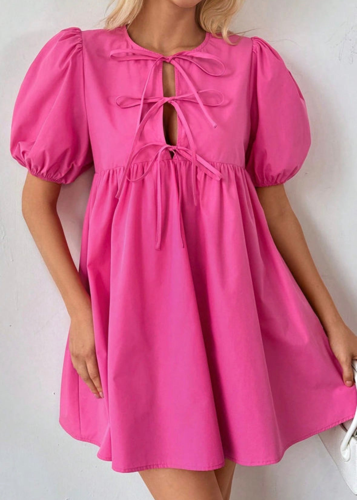 Bright Pink Solid Color Puff Sleeve Tie Front High Waist Mini Dress