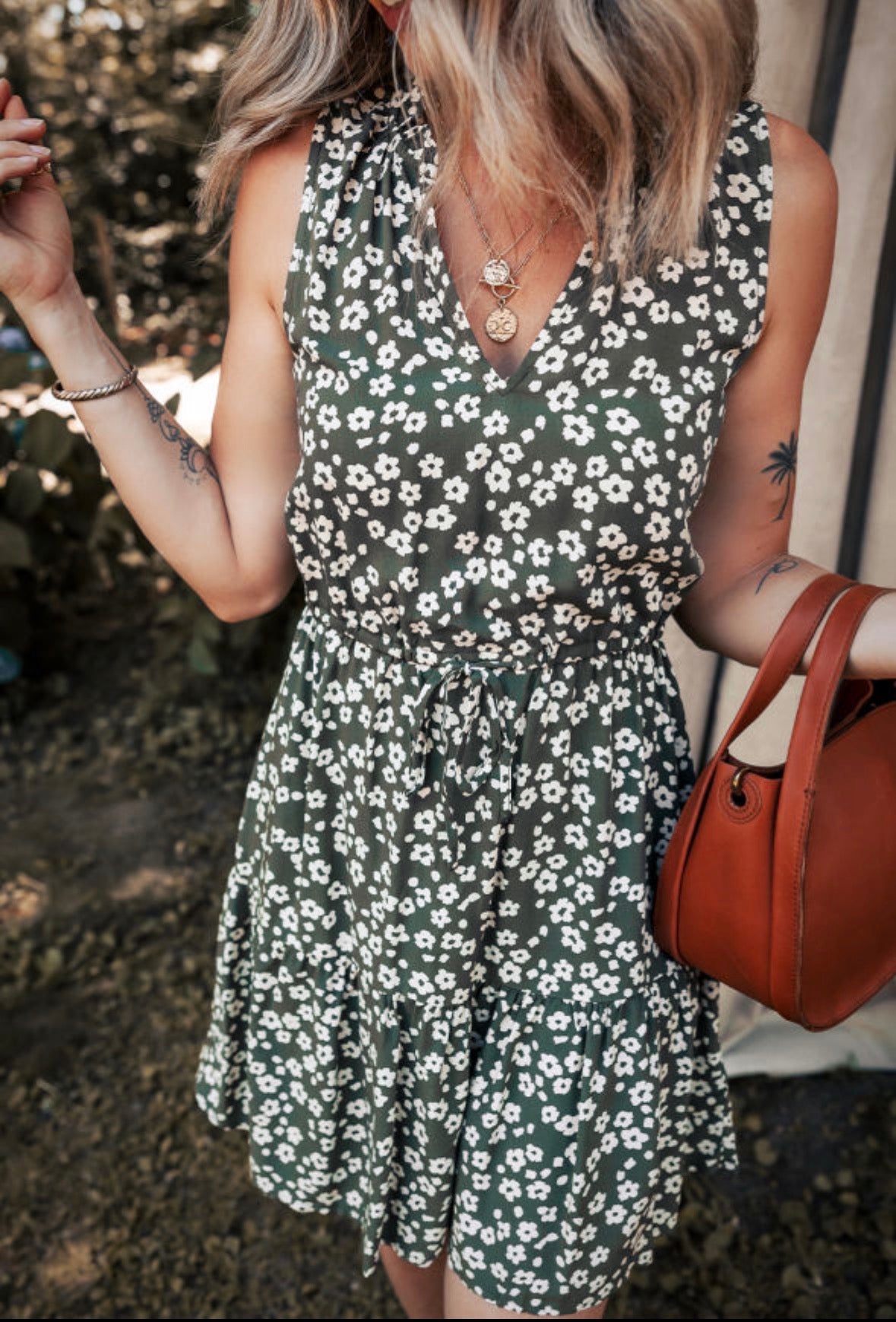 Green Boho Floral Print V Neck Tunic Sleeveless Dress