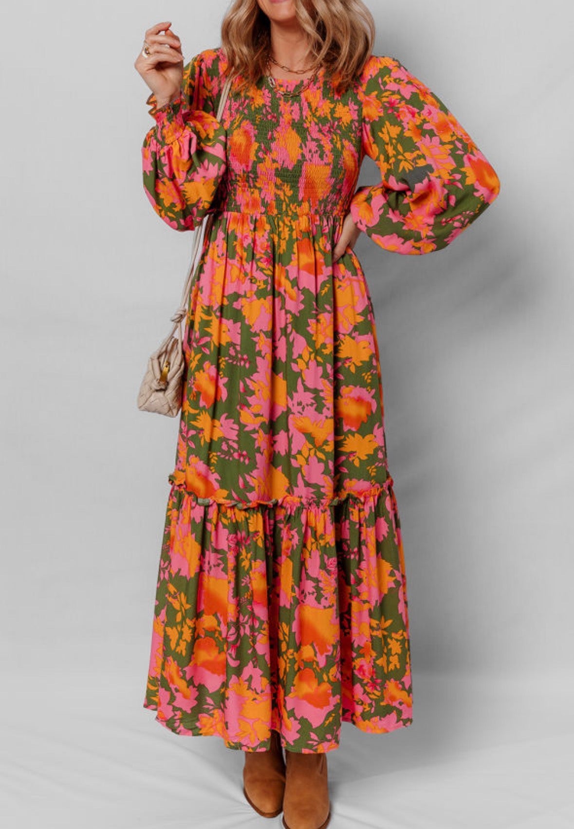 Orange Floral Puff Sleeve Smocked Bodice Ruffled Long Dress