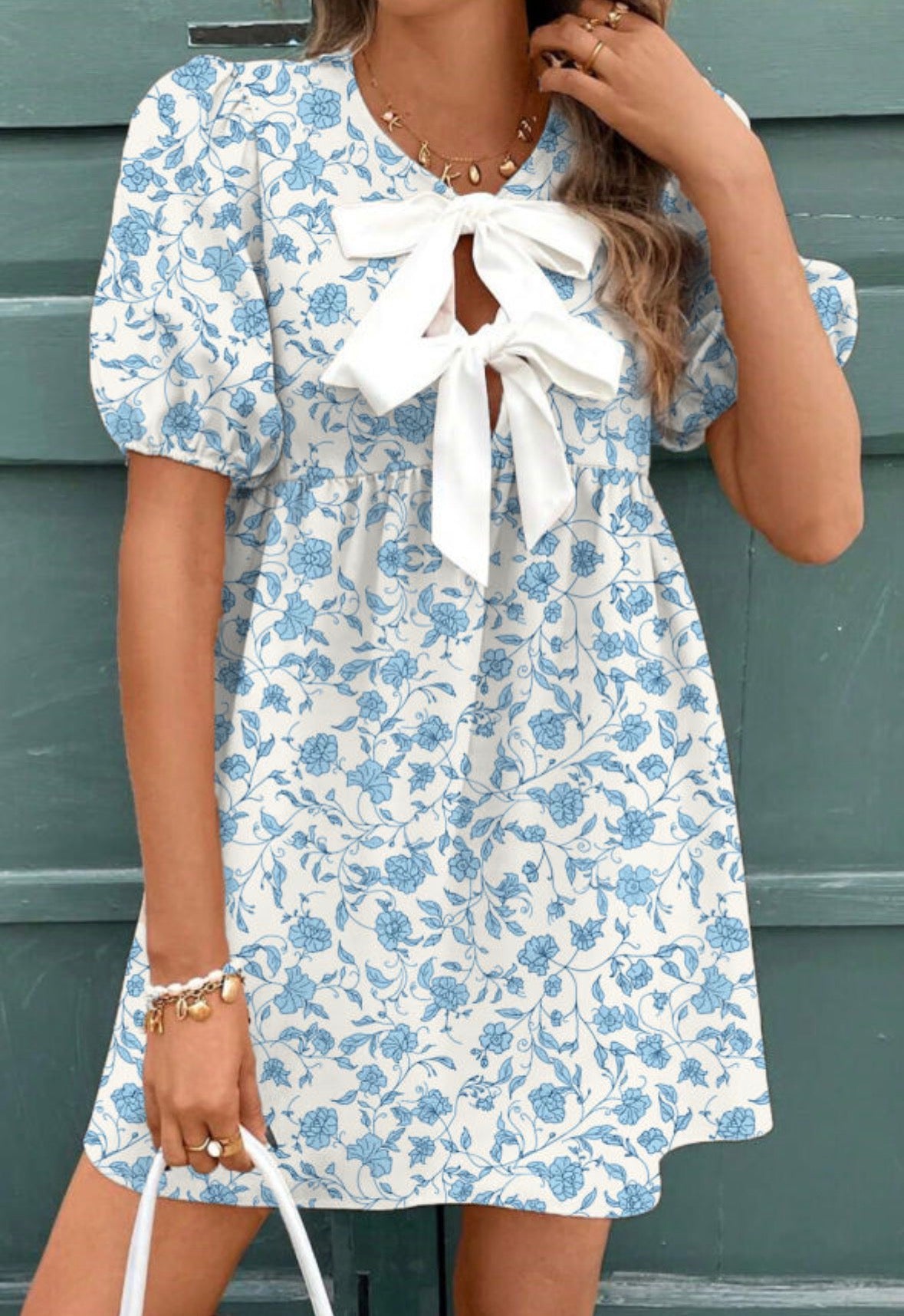 Sky Blue Floral Contrast Bow Puff Sleeve Mini Dress