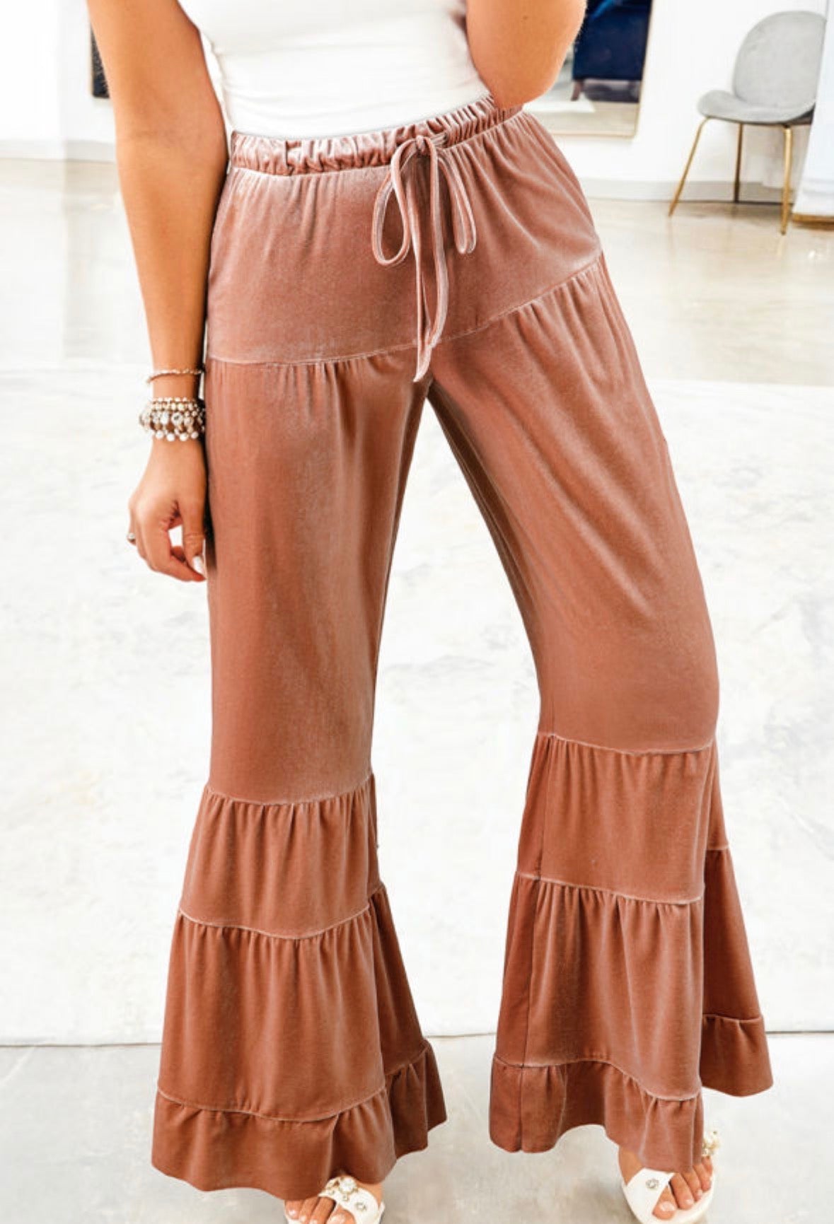 Straw Yellow Mineral Wash Lace-up High Waist Tiered Bell Bottom Pants