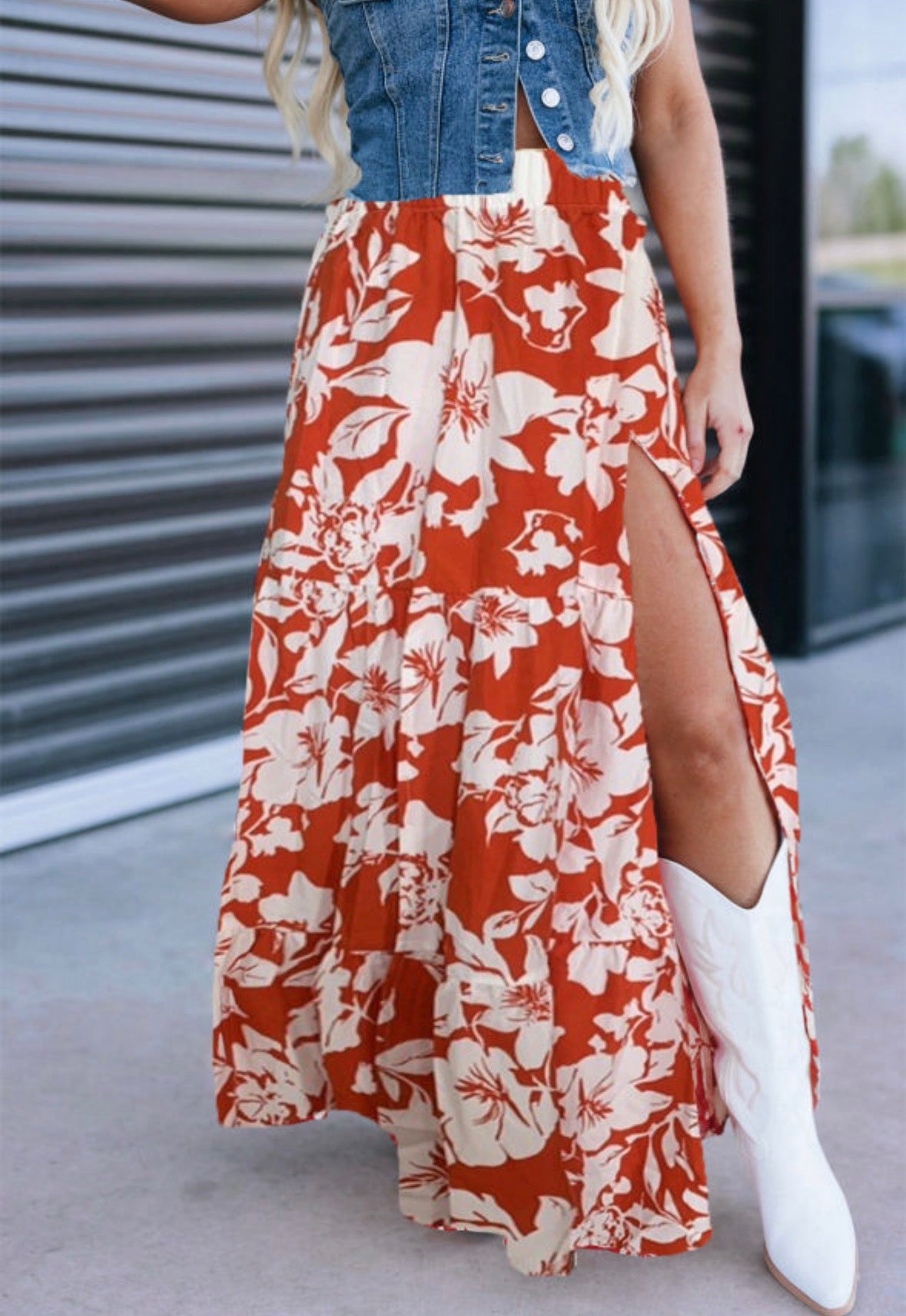 Red High Split Floral Western Cowgirl Maxi Skirt