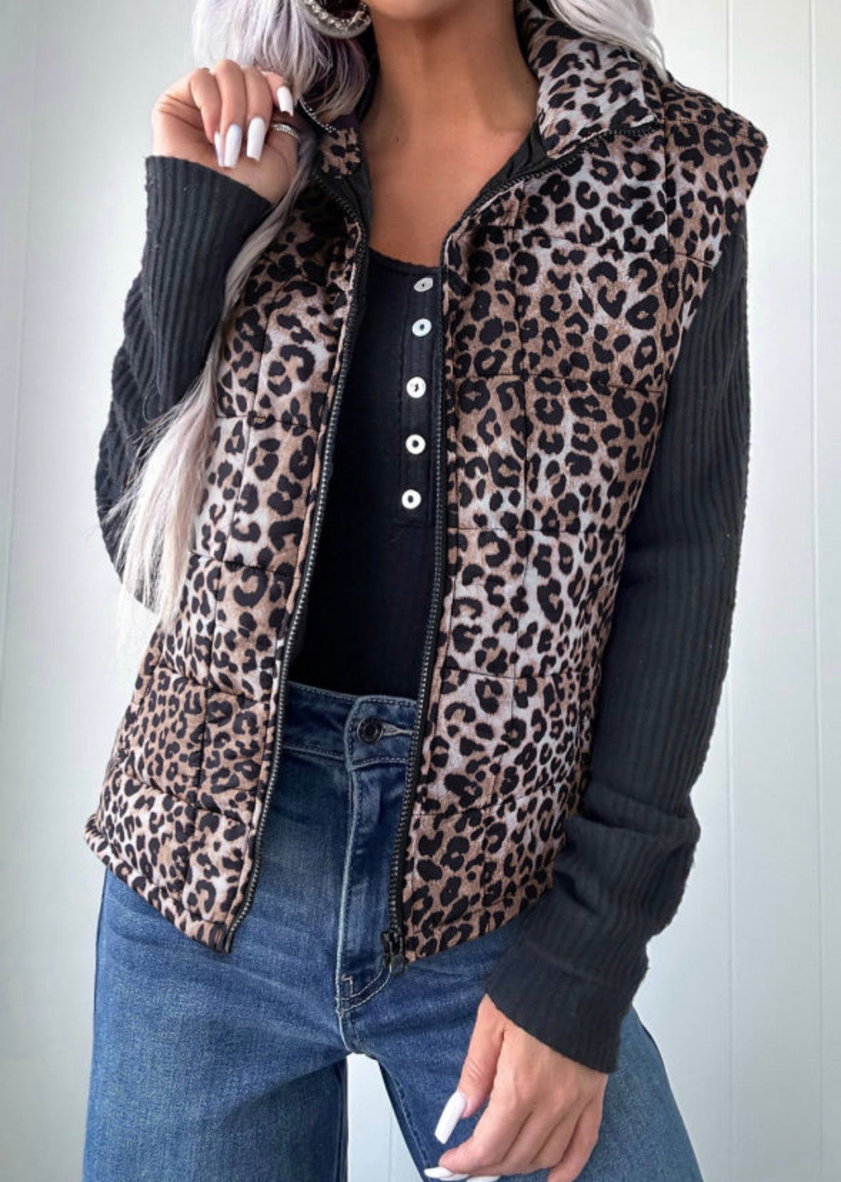 Brown Leopard Quilted Full Zipper Casual Puff Vest