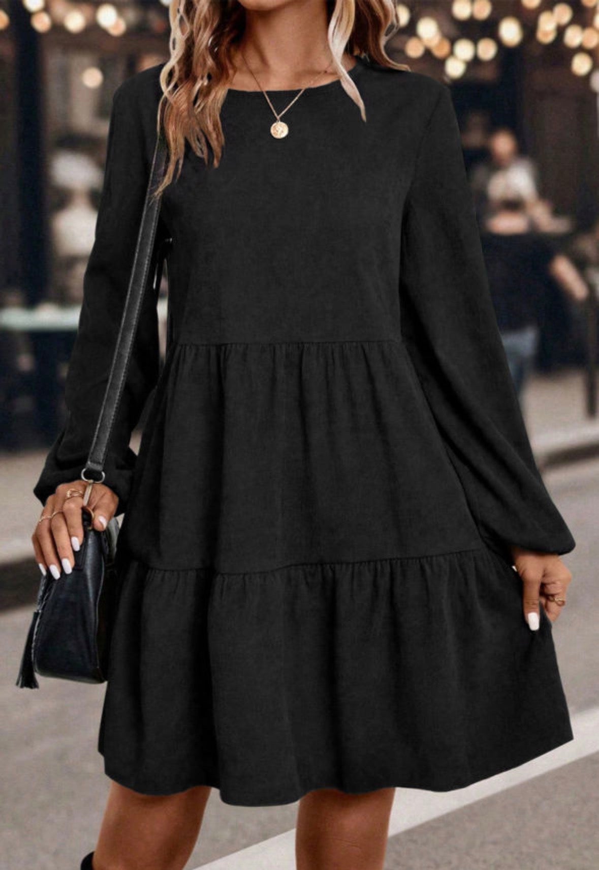 Black Lantern Sleeve Tiered Mini Dress