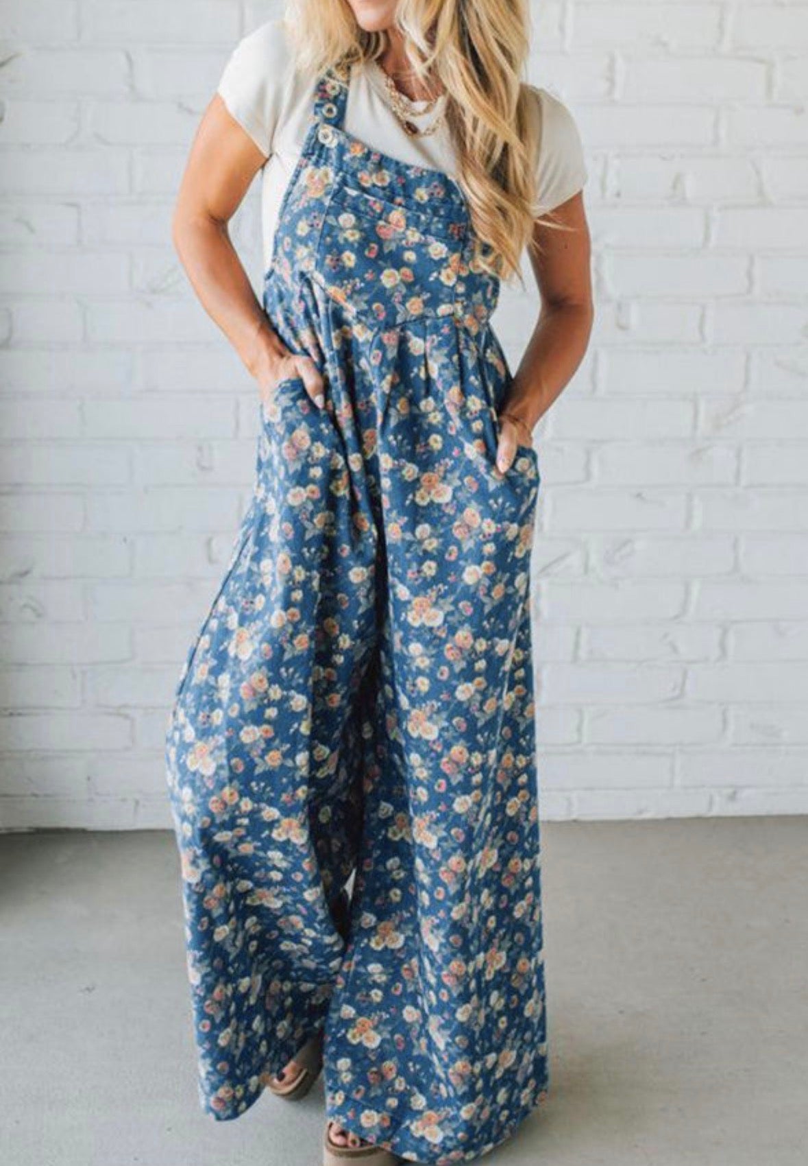 Blue Vintage Rose Printed Pleated Loose Denim Overall Jumpsuit