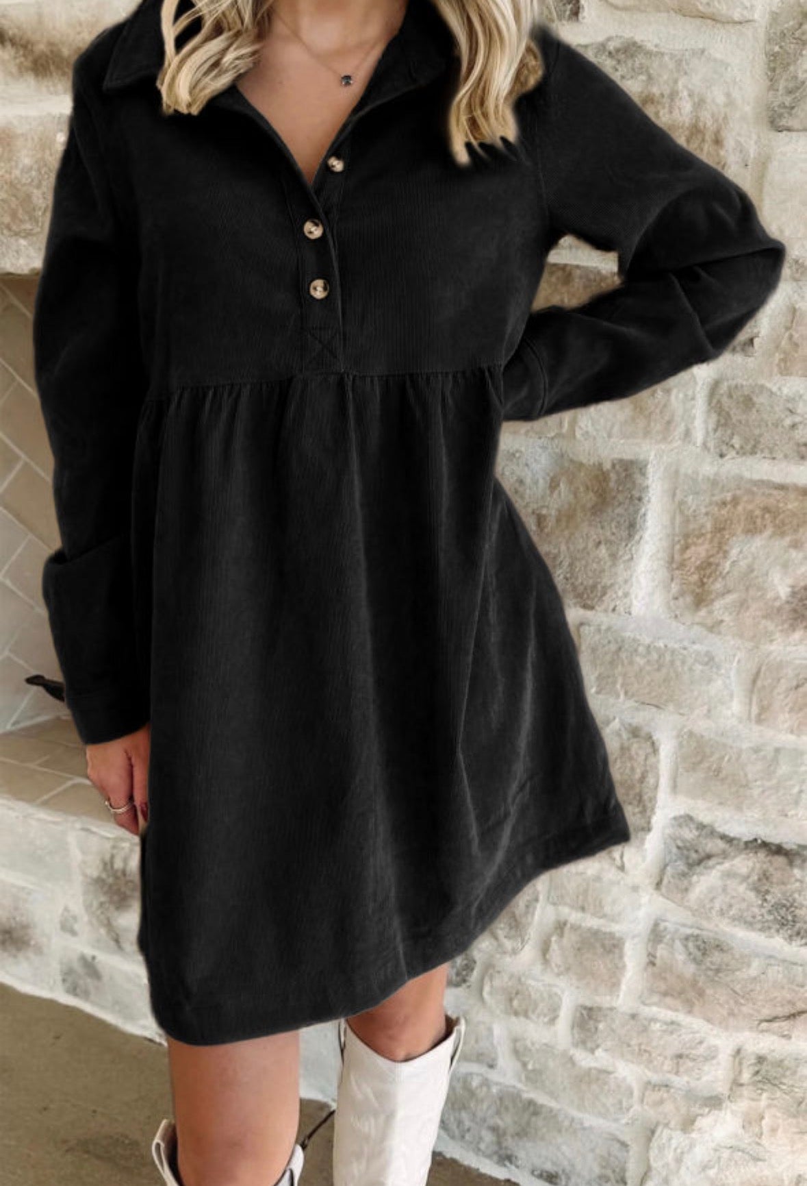 Black Corduroy Half Button Collared Long Sleeve Mini Dress