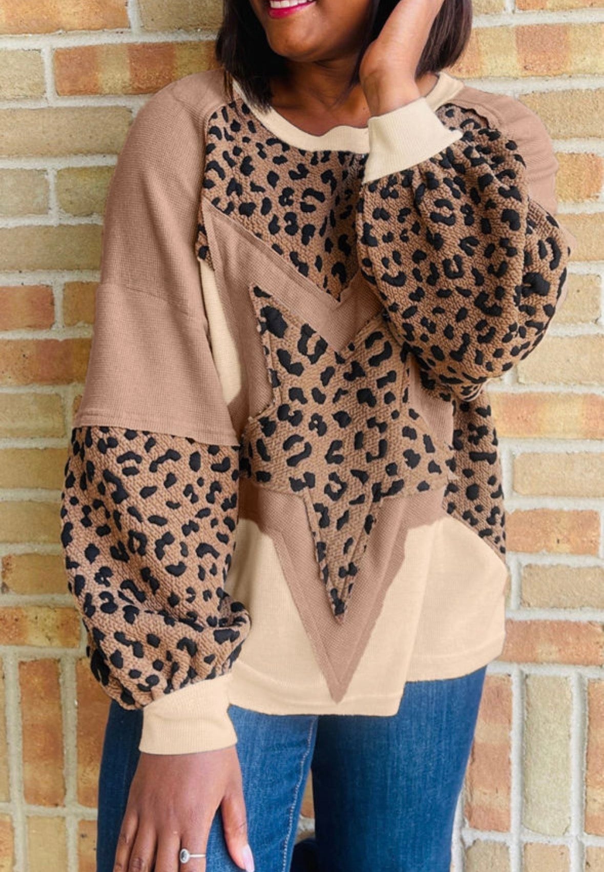 Light French Beige Leopard Star Color Block Patchwork Textured Baggy Sweatshirt