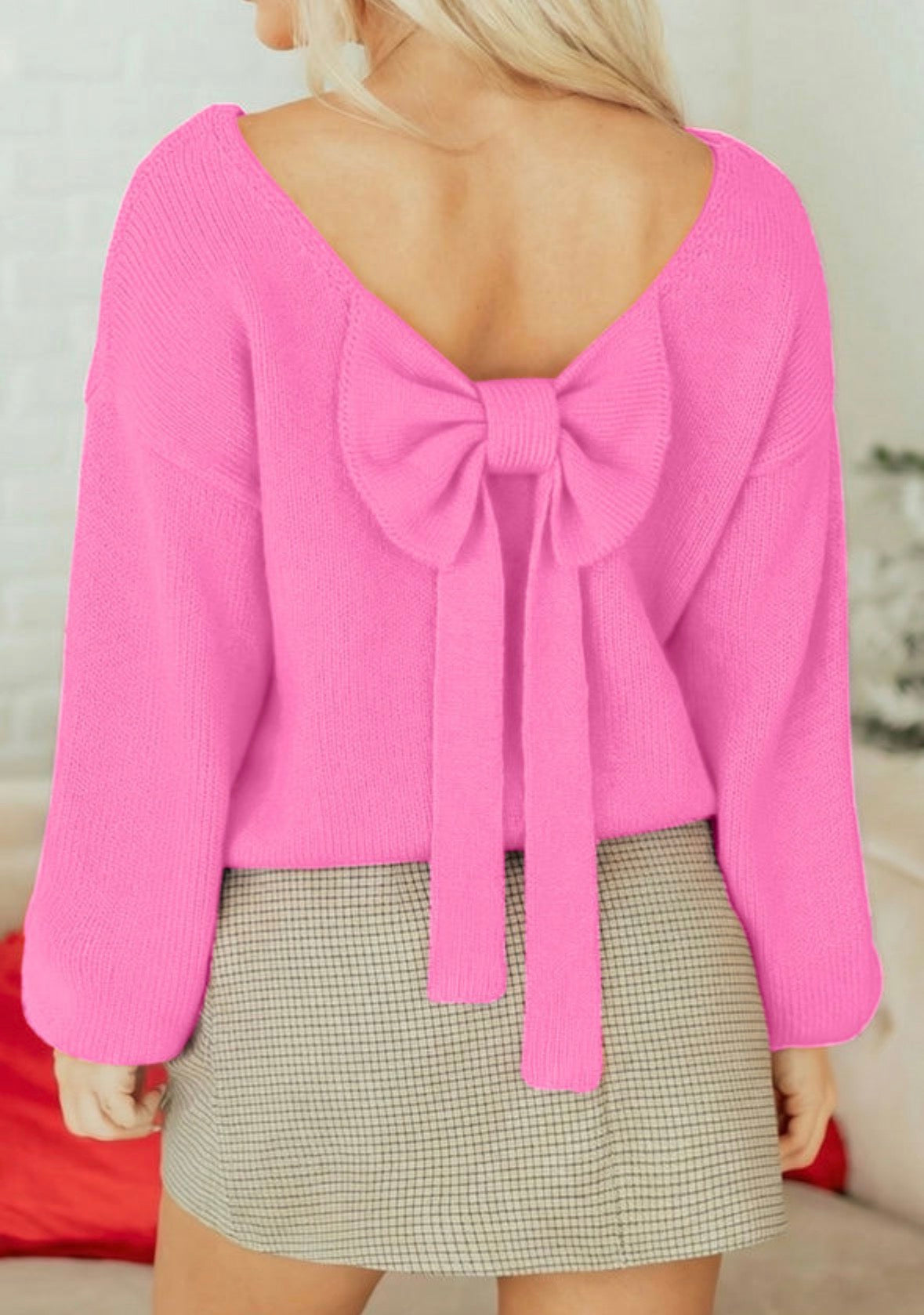 Bonbon Festive Bow Backless Bubble Sleeve Sweater