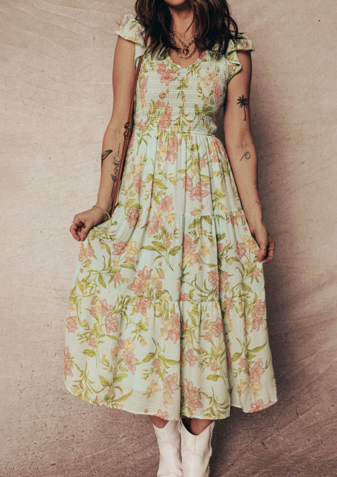 Yellow Smocked Bodice Ruffled Sleeveless Tiered Floral Maxi Dress