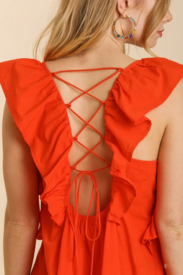 Umgee V-Neck Poplin Sleeveless Back Crossover Strap Dress