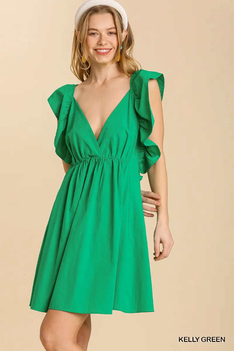 Umgee -V-Neck Poplin Sleeveless Back Crossover Strap Dress